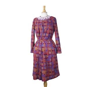 Vintage 80s 90s wool dress lace trim academic secretary tie belt maroon sz M